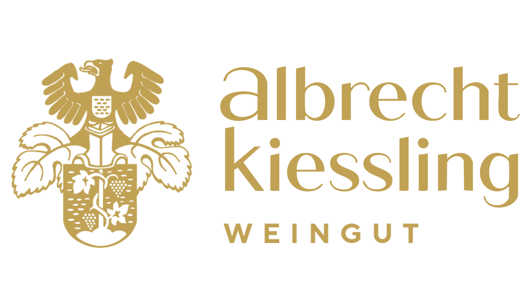 Logo des Weinguts Albrecht Kiessling mit schlichtem Schriftzug. Darüber ein goldenes, detailreich gestaltetes Wappen mit einem Adler und Weinblättern als Zierelementen.