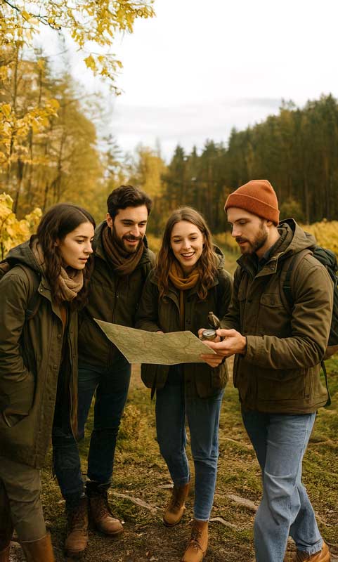 Vier Freunde stehen in einer herbstlichen Umgebung in der Natur und schauen gemeinsam auf eine Schatzkarte. 