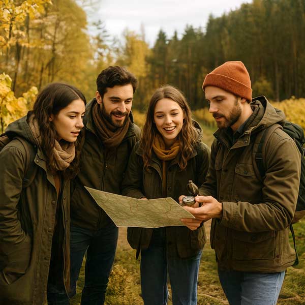 Vier Freunde stehen in einer herbstlichen Umgebung in der Natur und schauen gemeinsam auf eine Schatzkarte.