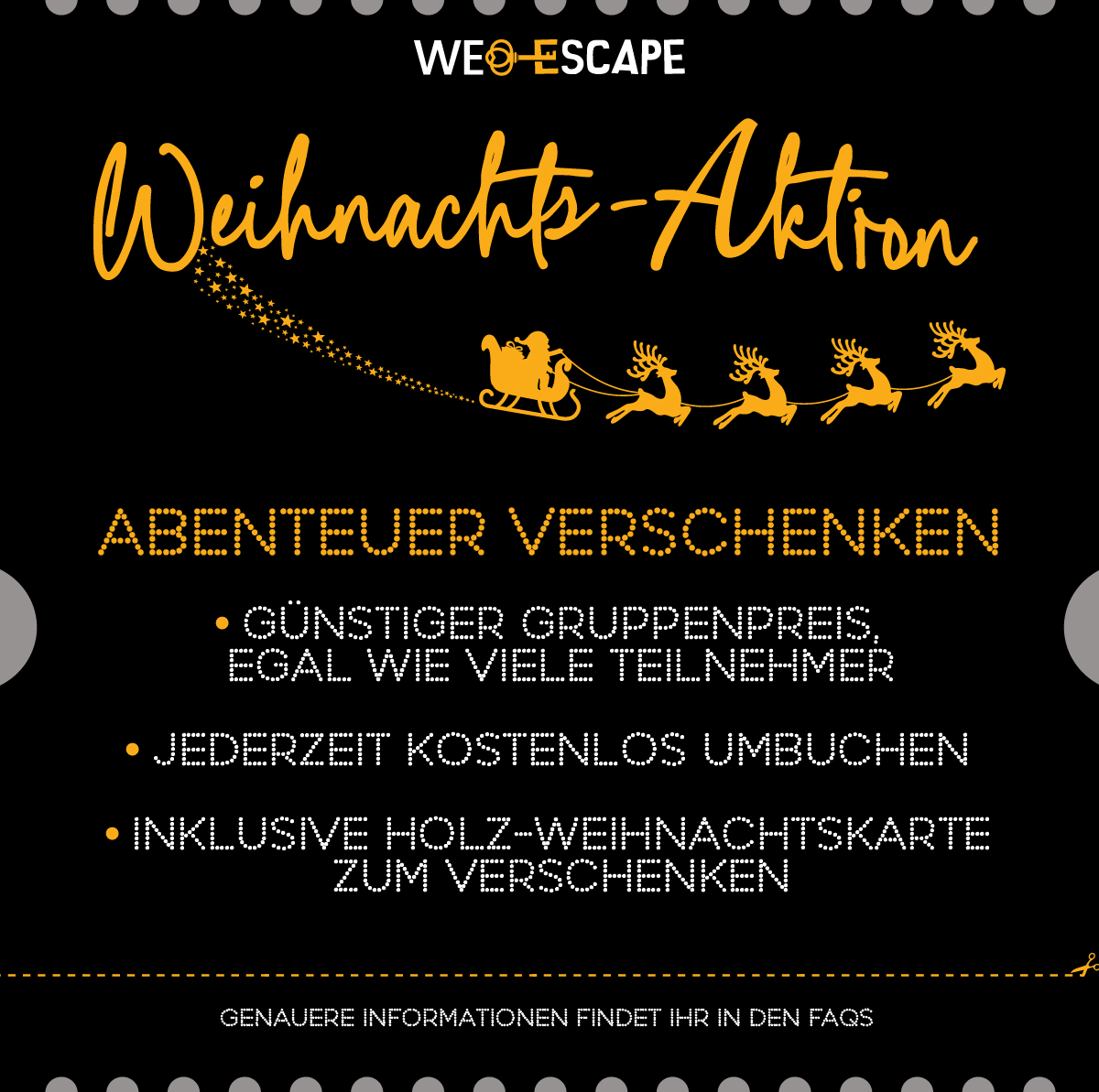Informationen zur Weihnachts-Aktion von We-Escape mit Weihnachtsmotiv