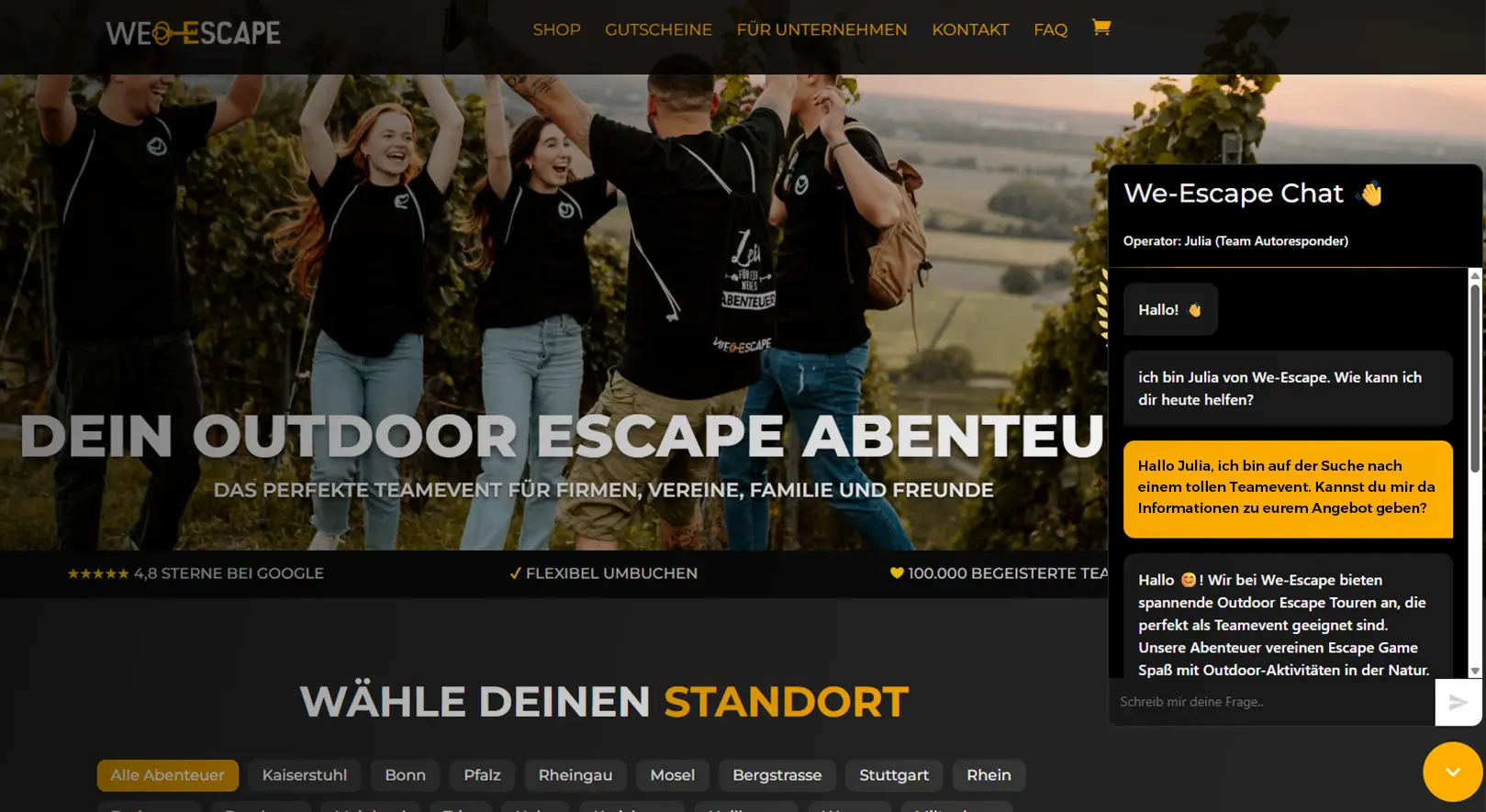 Blogbeitrag_Service_Chatbot2 Screenshot eines Chatbots auf einer Website vom We-Escape Outdoor Escape Anbieter.
