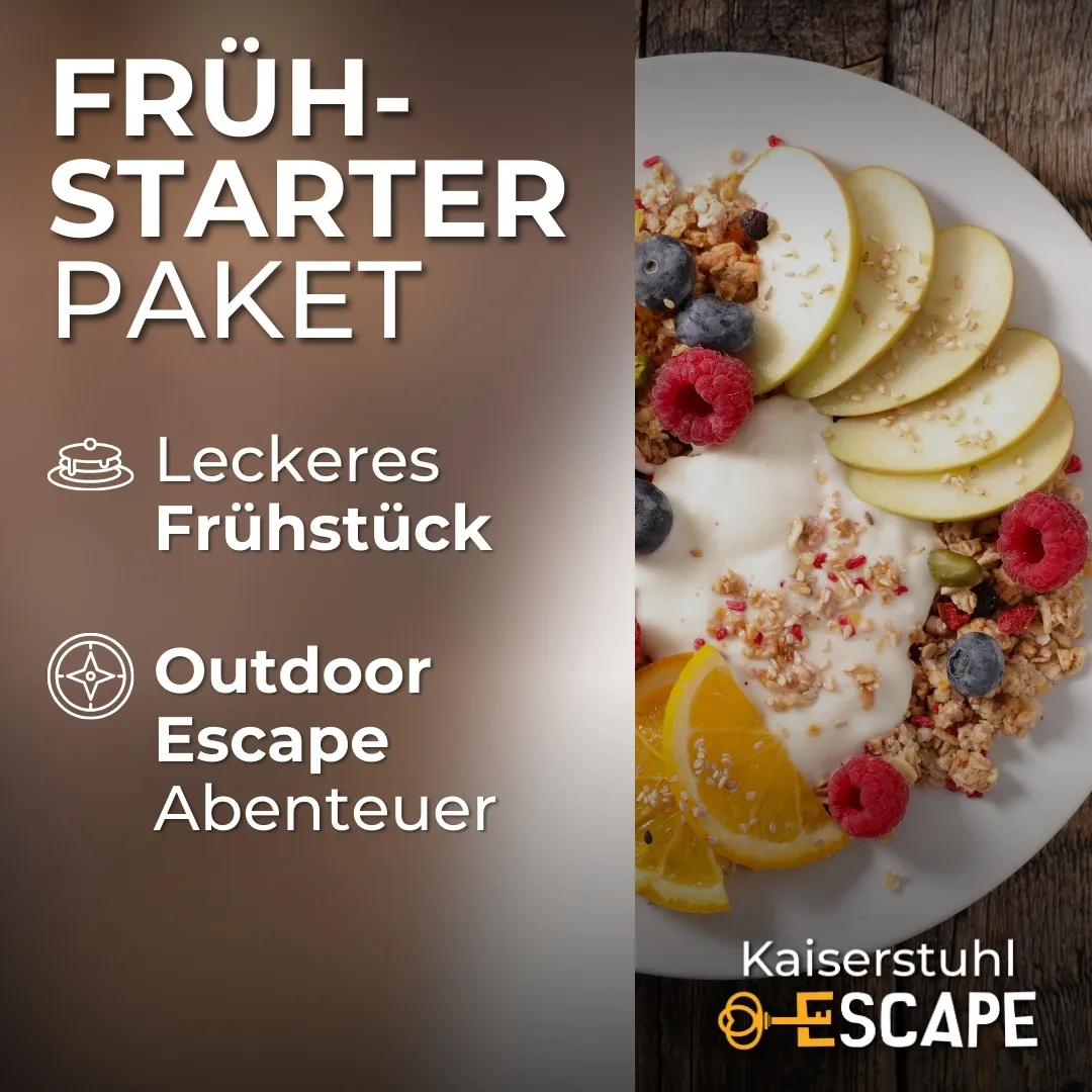 Erlebnispaket Frühstarter mit Frühstück und Outdoor Escape Abenteuer am Kaiserstuhl, dargestellt mit Müsli, Obst und Joghurt.
