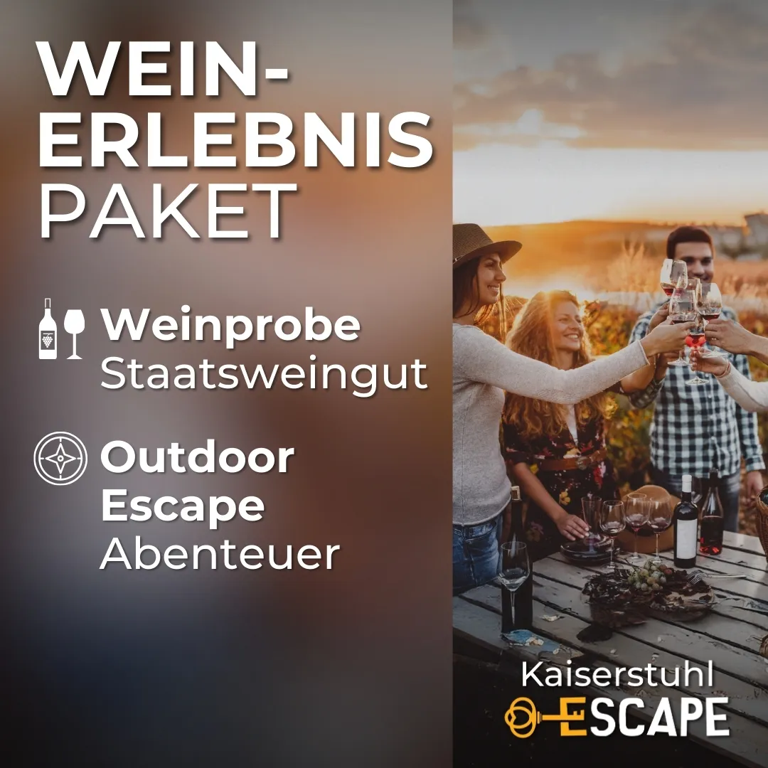 Erlebnispaket Weinerlebnis mit Weinprobe im Staatsweingut und Outdoor Escape Abenteuer am Kaiserstuhl, dargestellt mit Weinverkostung in den Weinbergen.