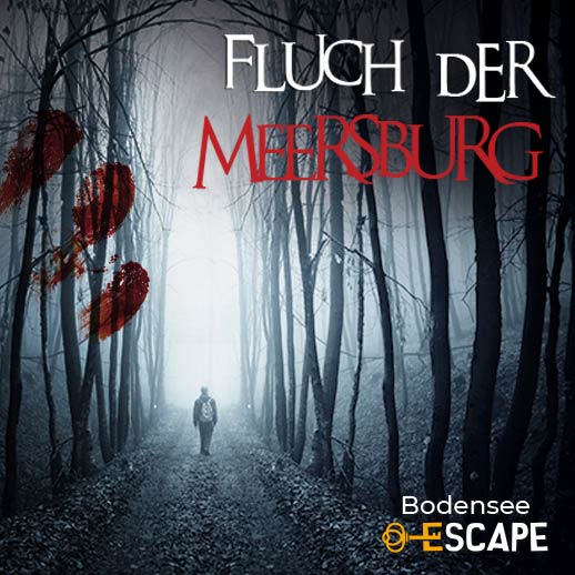 Düsterer Waldpfad mit Figur im Nebel – Fluch der Meersburg Outdoor Escape Rätselabenteuer