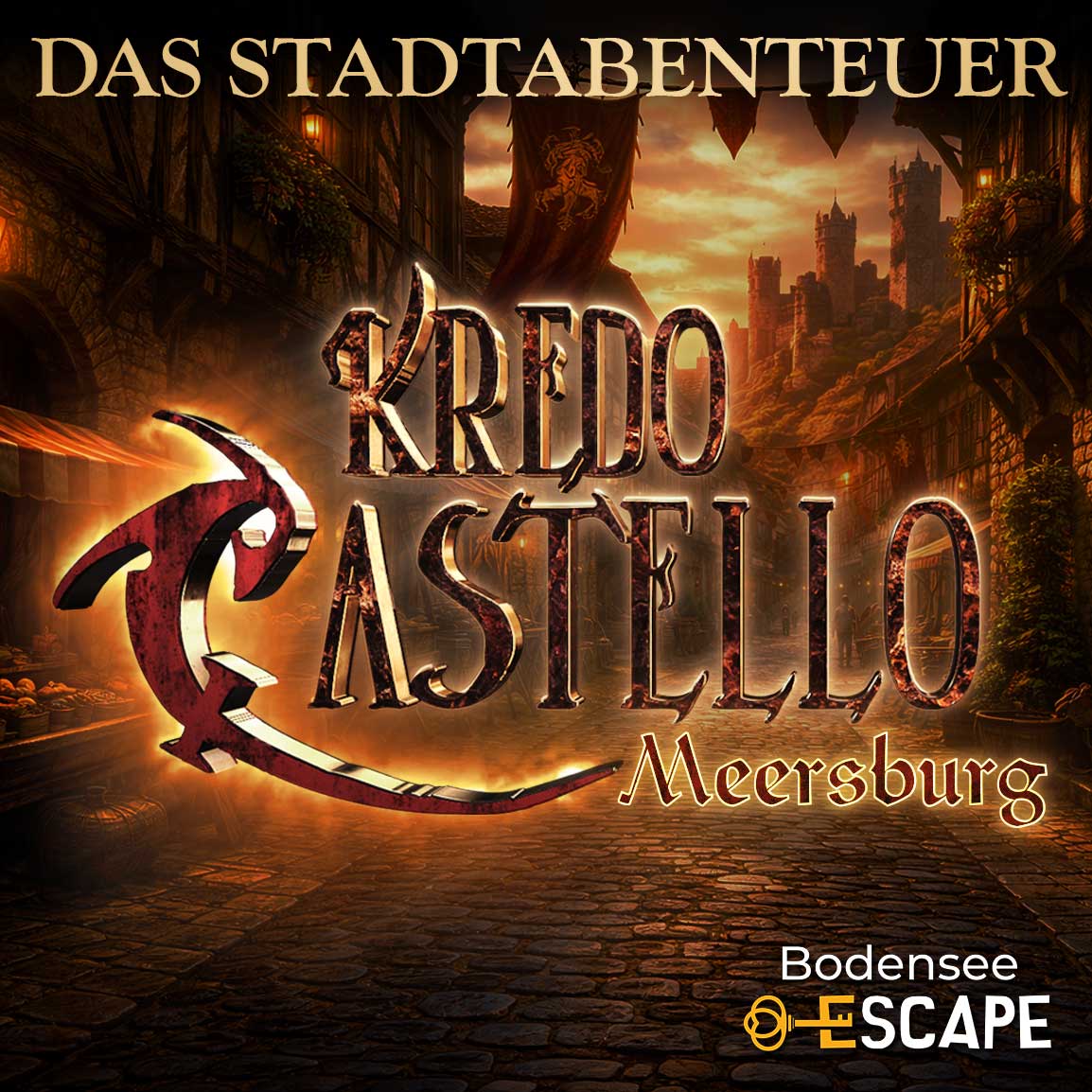 Mittelalterliche Stadtgasse bei Sonnenuntergang mit warmem Laternenlicht, Marktständen und Burg im Hintergrund, darüber der Schriftzug „Kredo Castello Meersburg