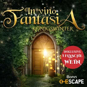 Titelbild des Outdoor Escape Abenteuers „In Vino Fantasia“ in Bonn mit magischem Holztor in einem verwunschenen Wald, leuchtenden Funken.