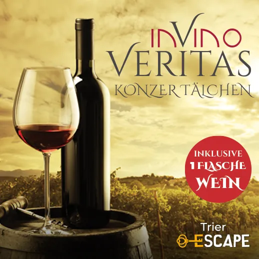 Titelbild des Outdoor Escape Abenteuers In Vino Veritas Konzer Tälchen mit Weinflasche, Weinglas und Weinbergen im Hintergrund.