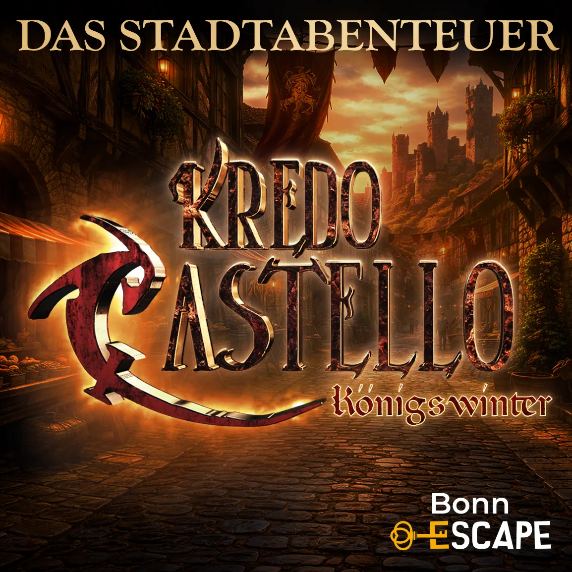 Mittelalterliche Stadtgasse bei Sonnenuntergang mit warmem Laternenlicht, Marktständen und Burg im Hintergrund, darüber der Schriftzug „Kredo Castello Königswinter - Das Stadtabenteuer“