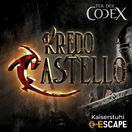 Titelbild zum Outdoor Escape Game Kredo Castello am Kaiserstuhl mit düsterem mittelalterlichem Design, Ritterhelm und Codex-Schriftzug