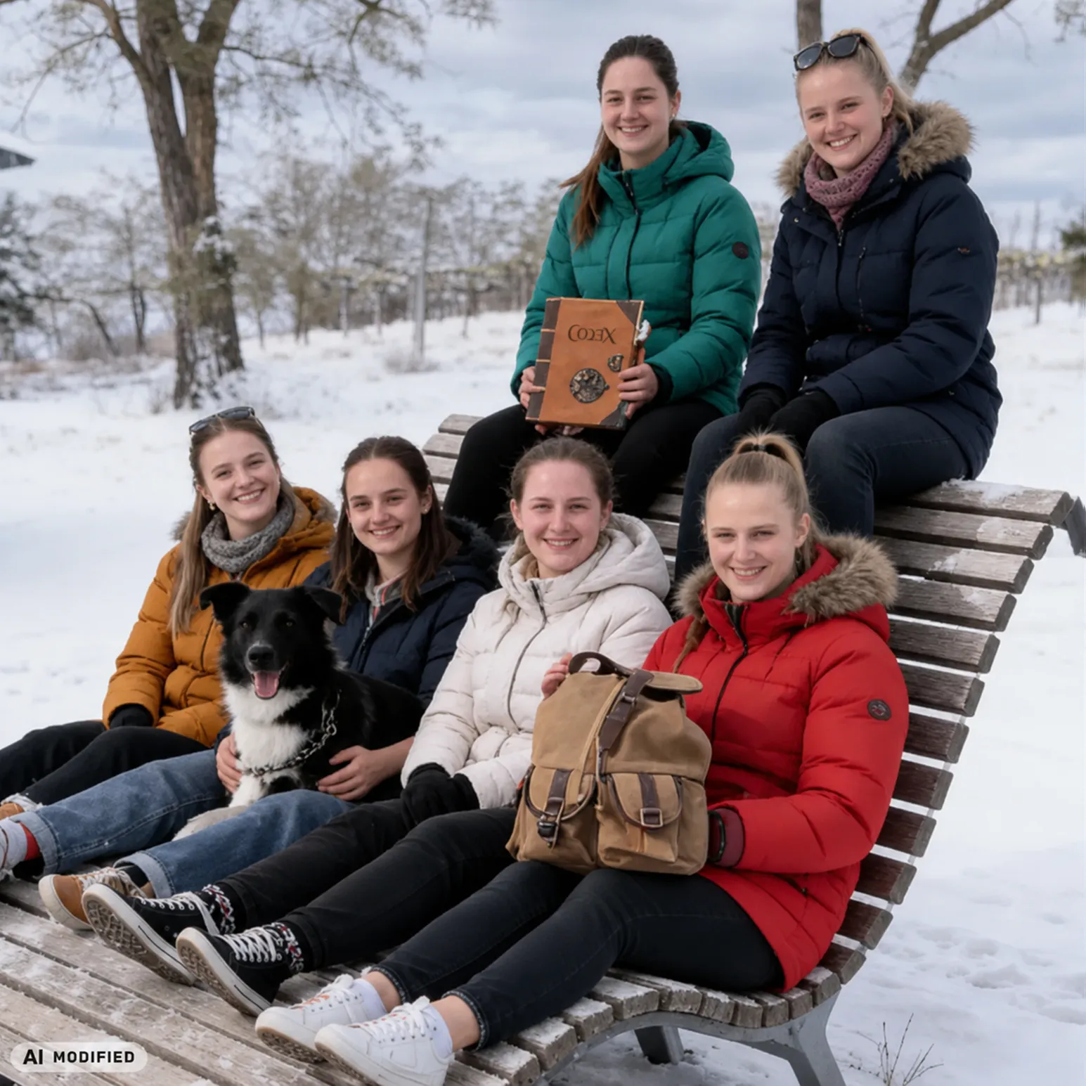 Team sitzt nach erfolgreich gelöstem Outdoor Escape Abenteuer auf einer Bank im Schnee.